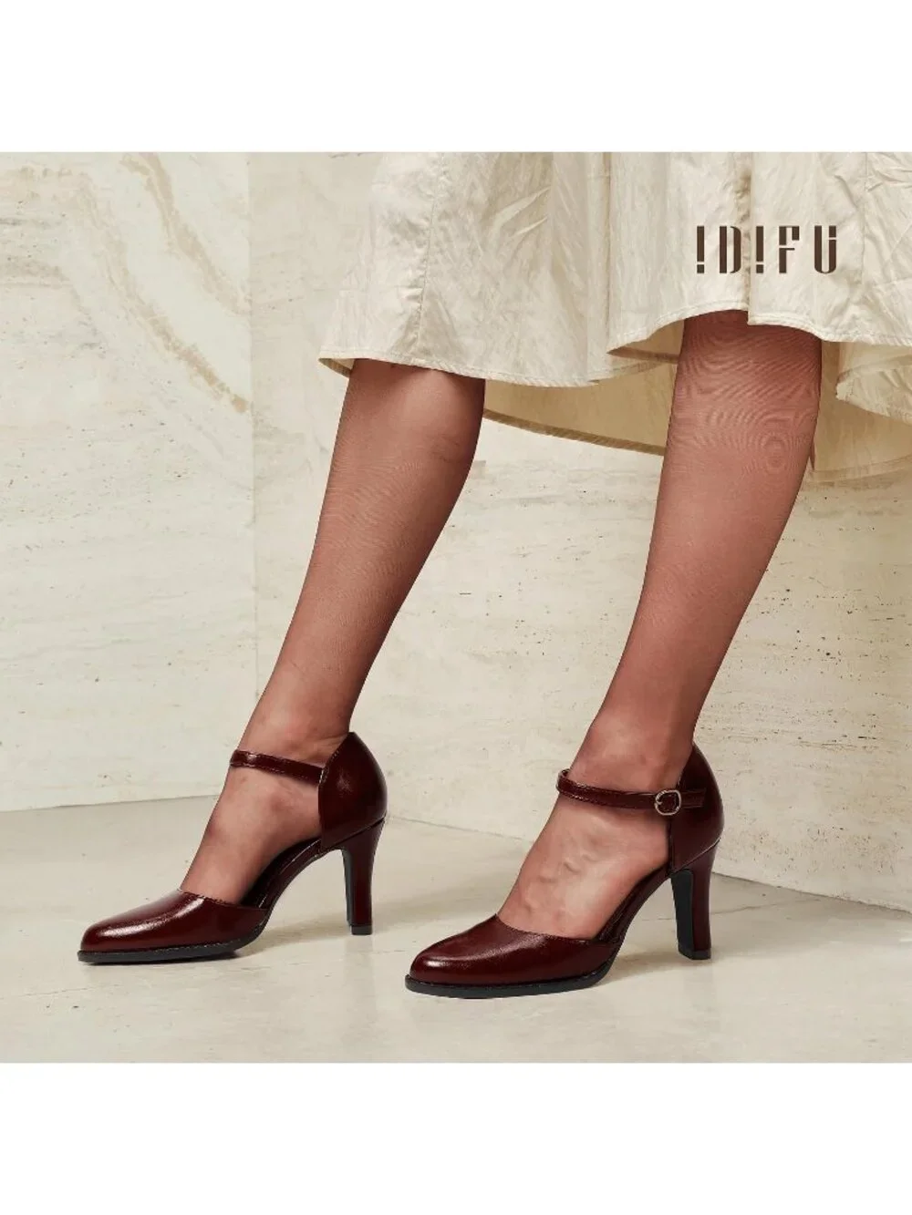 Women's Burgundy Pu Closed Toe Chunky High Heels Comfortable Dress Pumps Shoes